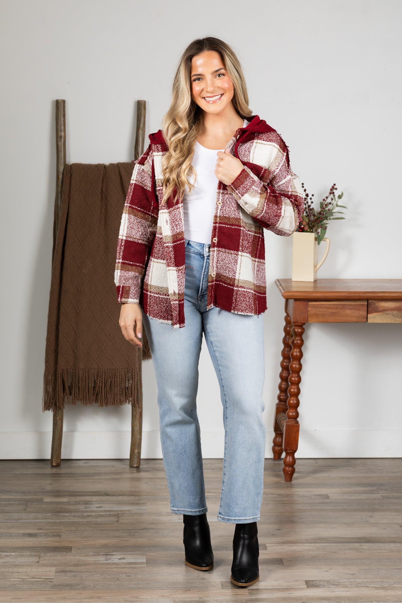 Wine Oversized Plaid Casual Hoodie Shacket Product Image