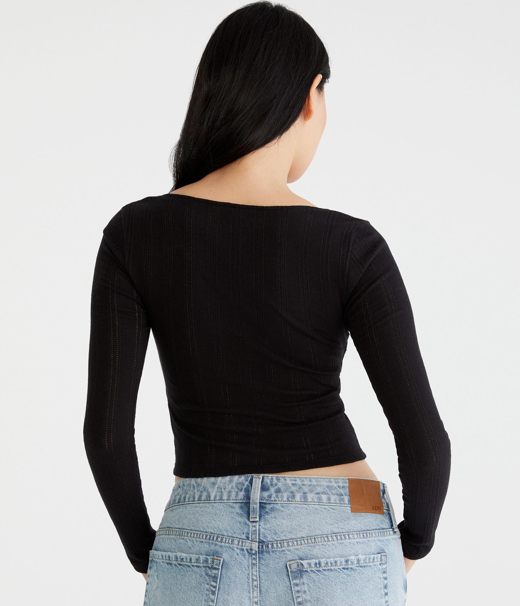 Long Sleeve Cinch-Front V-Neck Crop Top Product Image