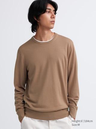 Mens Extra Fine Merino Crew Neck Long-Sleeve Sweater Beige XL UNIQLO US Product Image