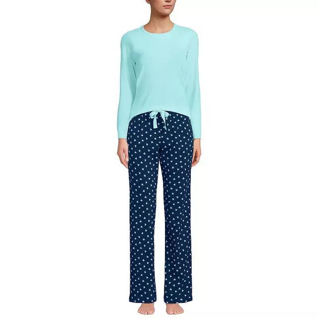 Petite Lands End Womens Knit Long Sleeve Pajama Top & Pajama Pants Sleep Set Blue Tiny Flowers Product Image