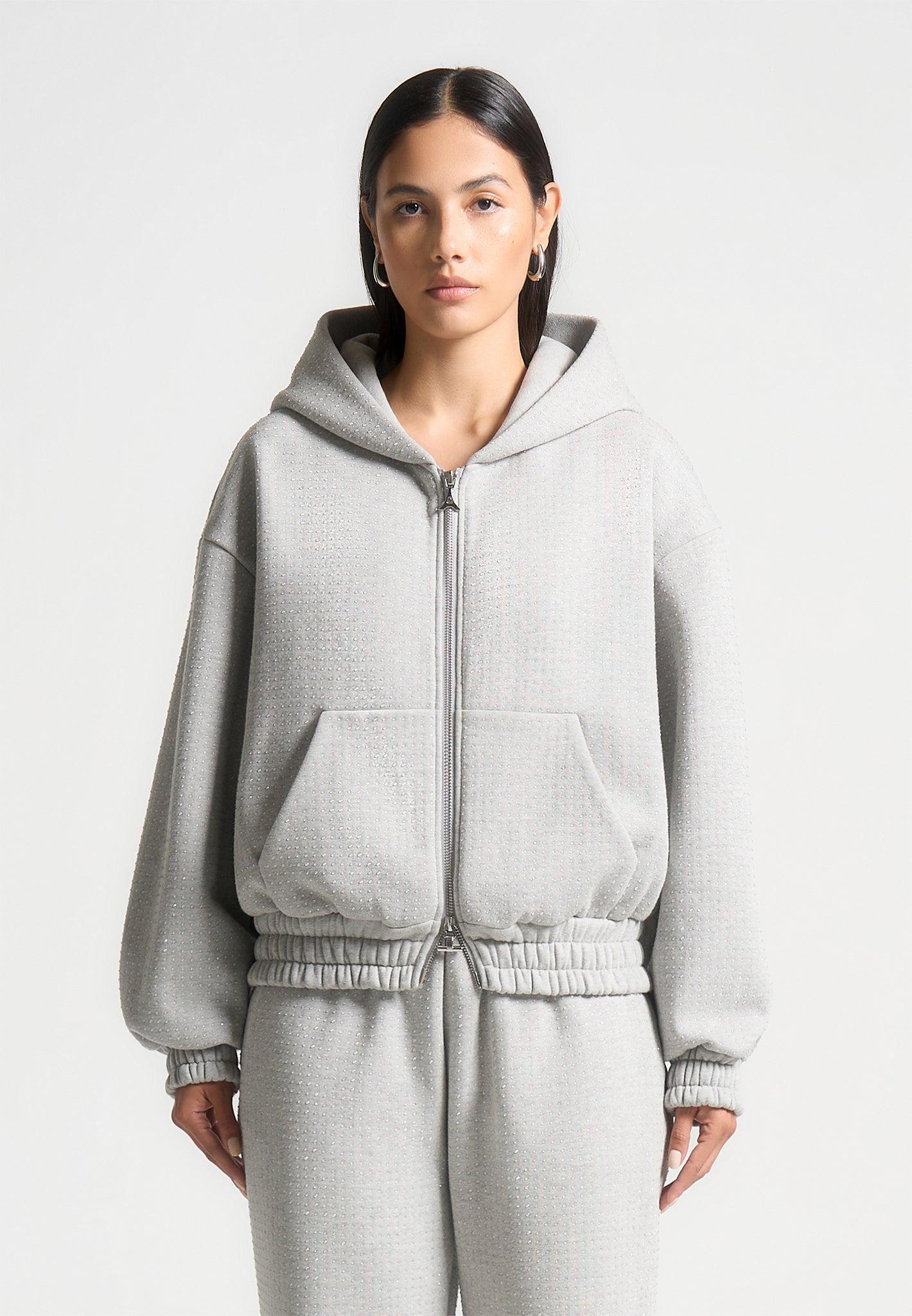 Rhinestone Zip Through Hoodie - Grey Female Product Image