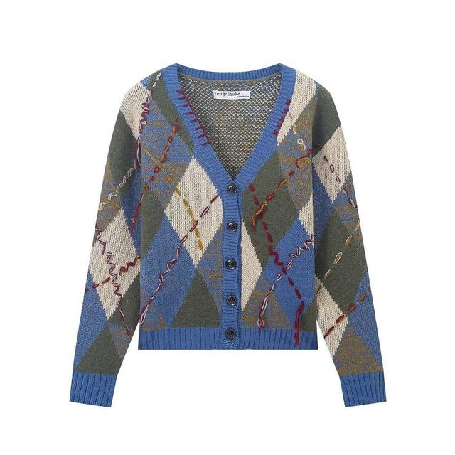 V-Neck Argyle Stitching Button Cardigan Product Image