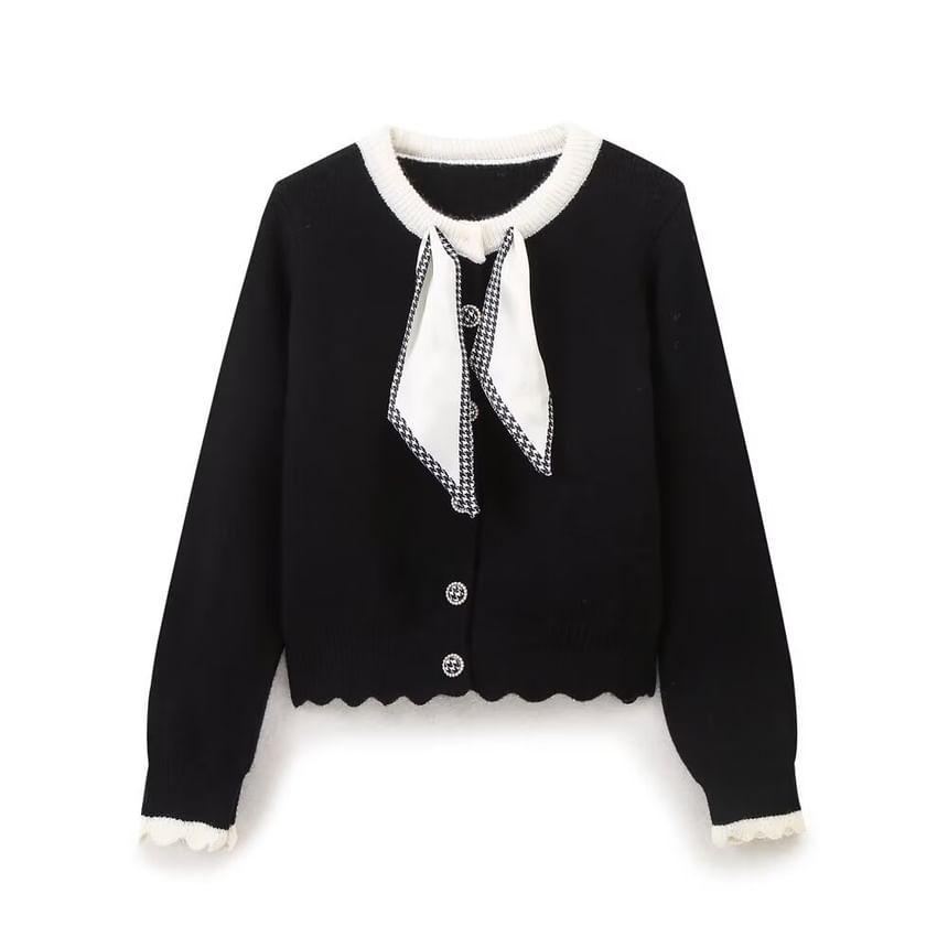 Houndstooth Trim Tie-Neck Button-Up Cardigan Product Image