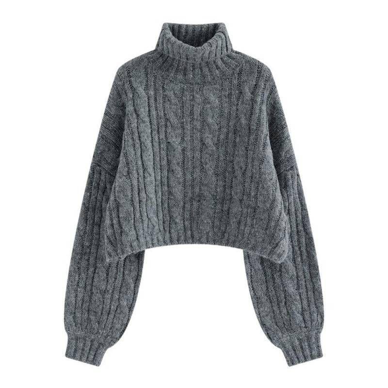 Turtleneck Plain Cable Knitted Crop Sweater Product Image