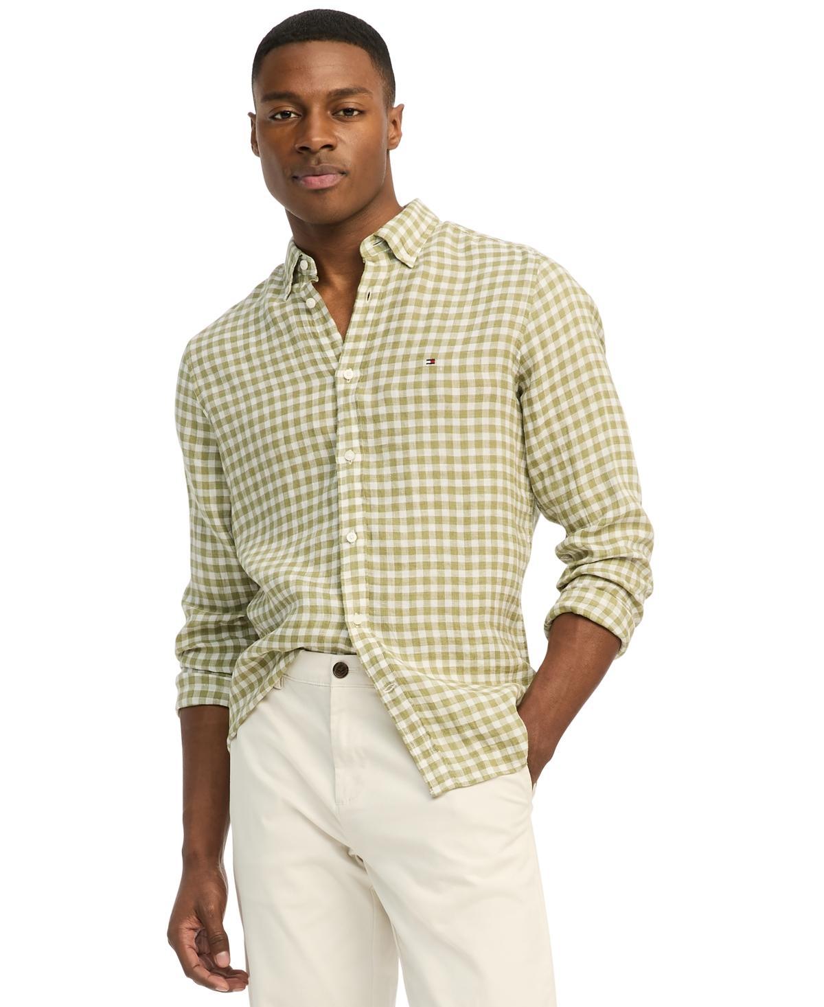 Tommy Hilfiger Mens Slim-Fit Gingham Check Button-Down Linen Shirt - Faded Olive Product Image