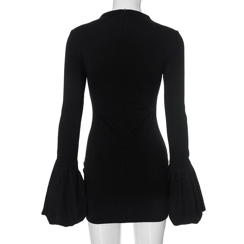 Flare-Sleeve Crewneck Plain Mini Bodycon Dress Product Image