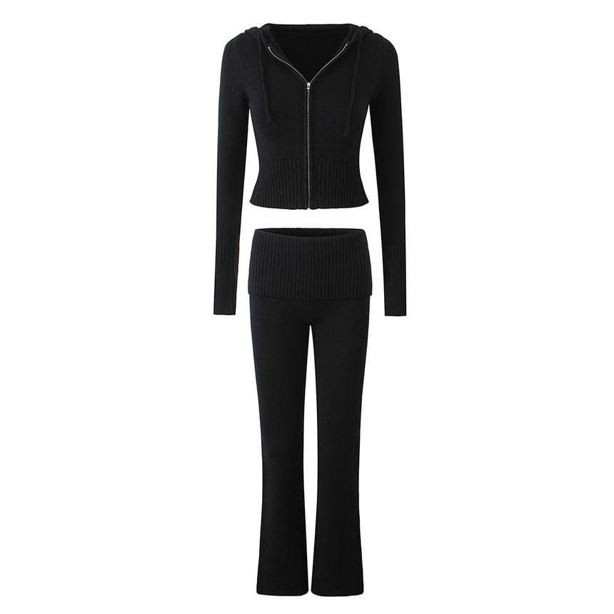 Hooded Plain Zip Up Cropped Cardigan / Mid Waist Plain Flared Pants Product Image