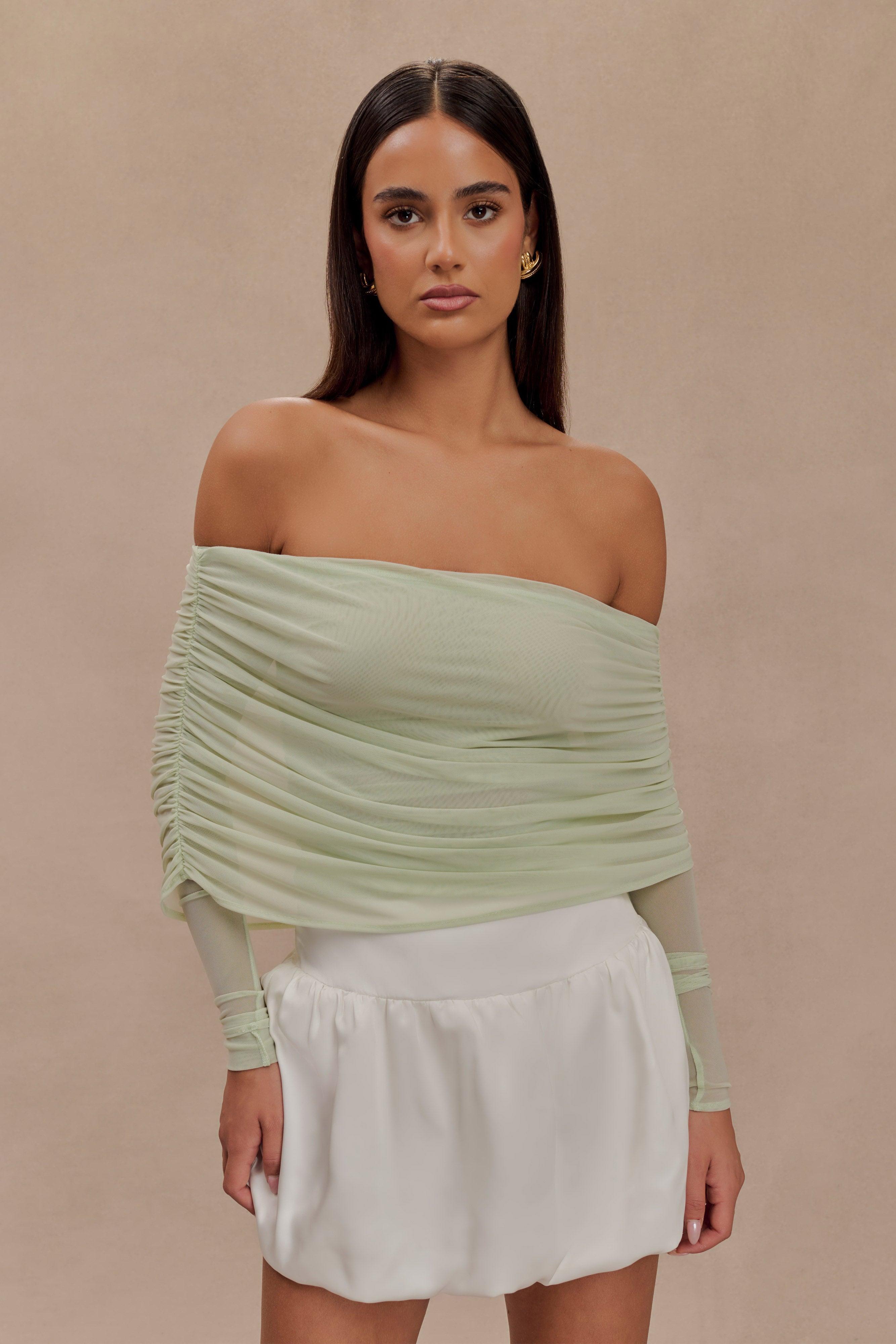 Everly Sheer Mesh Off Shoulder Top - Pastel Green Product Image