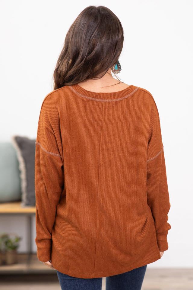 Rust V-Neck Contrast Stitch Top Product Image