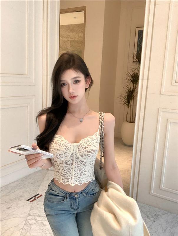 Flower Embroidered Lace Cropped Bustier Product Image