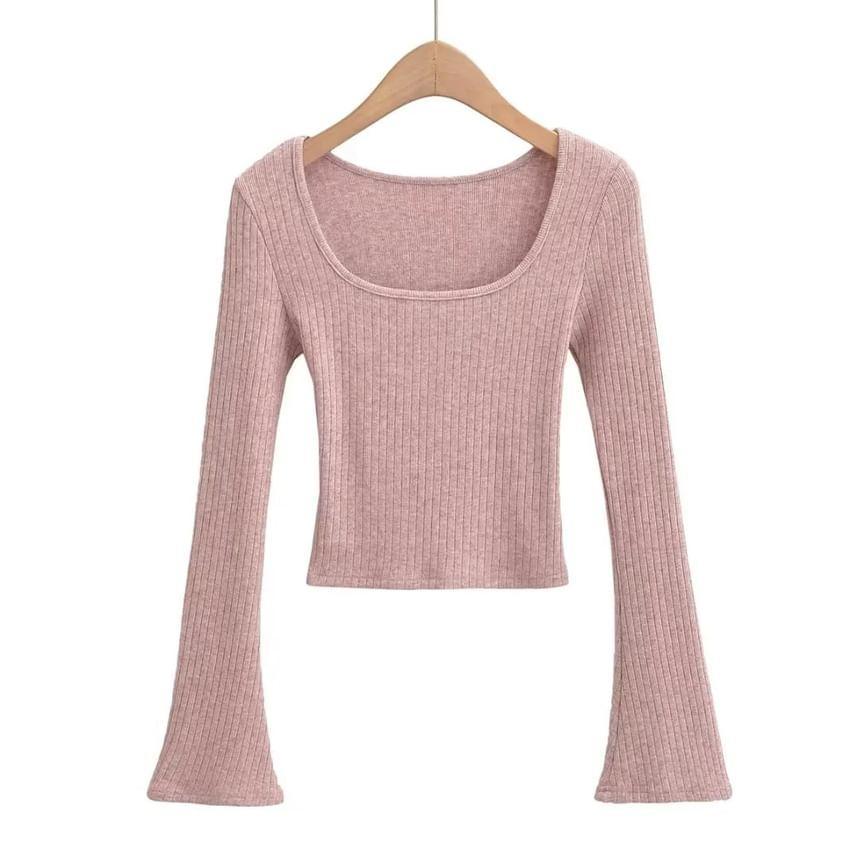 Flare-Sleeve Square Neck Plain Knit Top Product Image