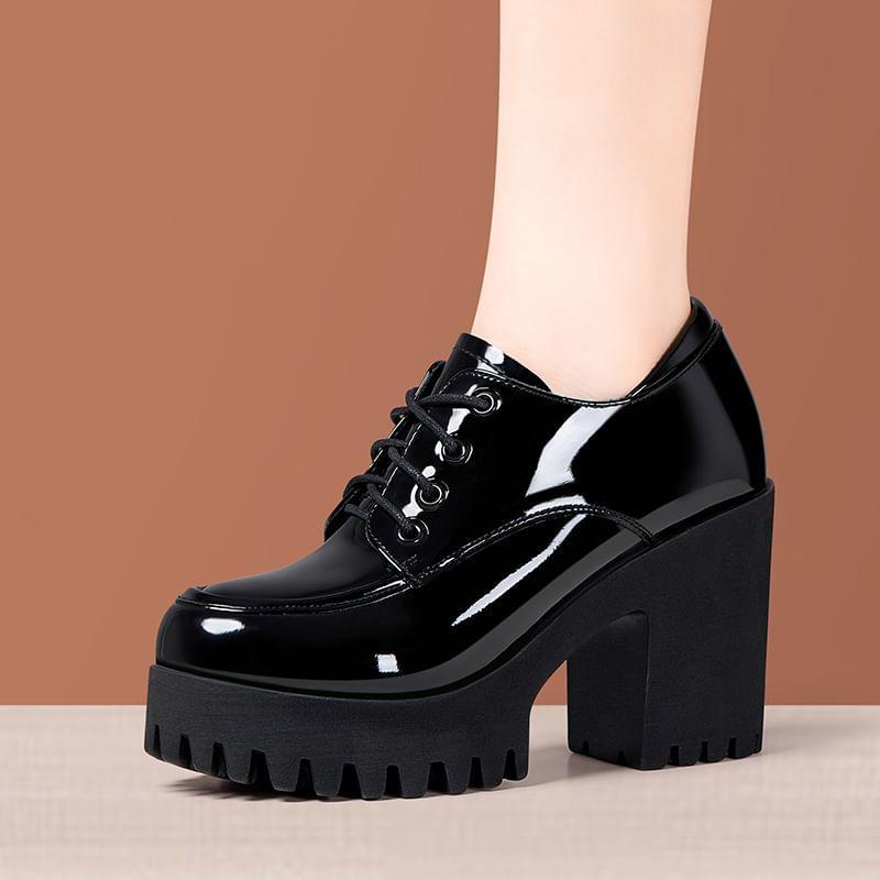 Block Heel Faux Leather Lace-Up Shoes (Various Designs) Product Image