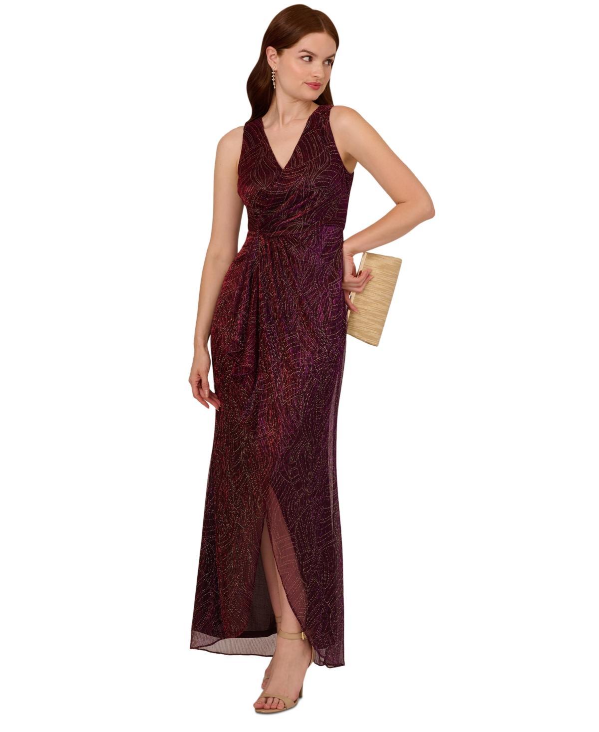 Adrianna Papell Womens Metallic Ruffled Sleeveless Faux-Wrap Gown Product Image