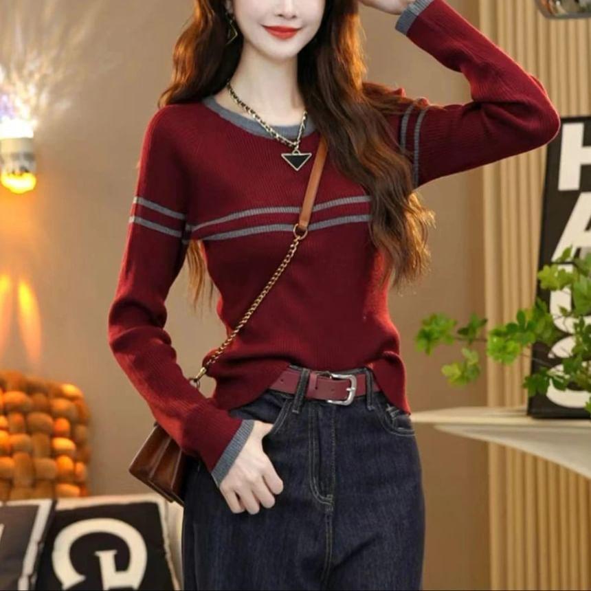 Long-Sleeve Crew Neck Striped Contrast Trim Slim Fit Knit Top Product Image