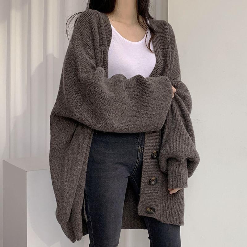 Balloon Sleeve V-Neck Plain Cardigan Product Image