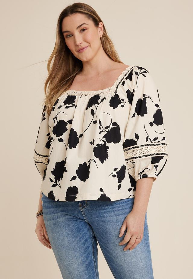 Plus Size Floral Crochet Trim Blouse Product Image