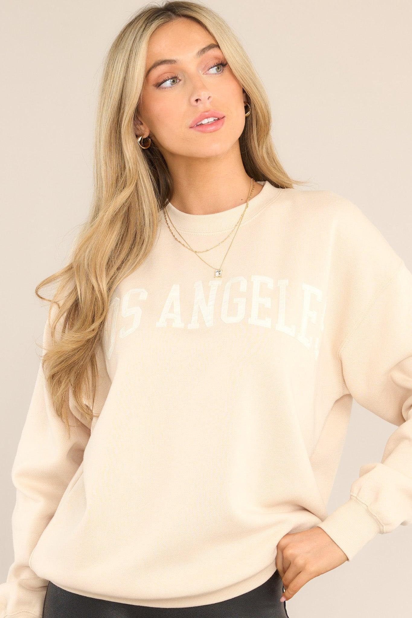 Hollywood Hills Natural Embroidered Pullover Sweatshirt Beige Product Image