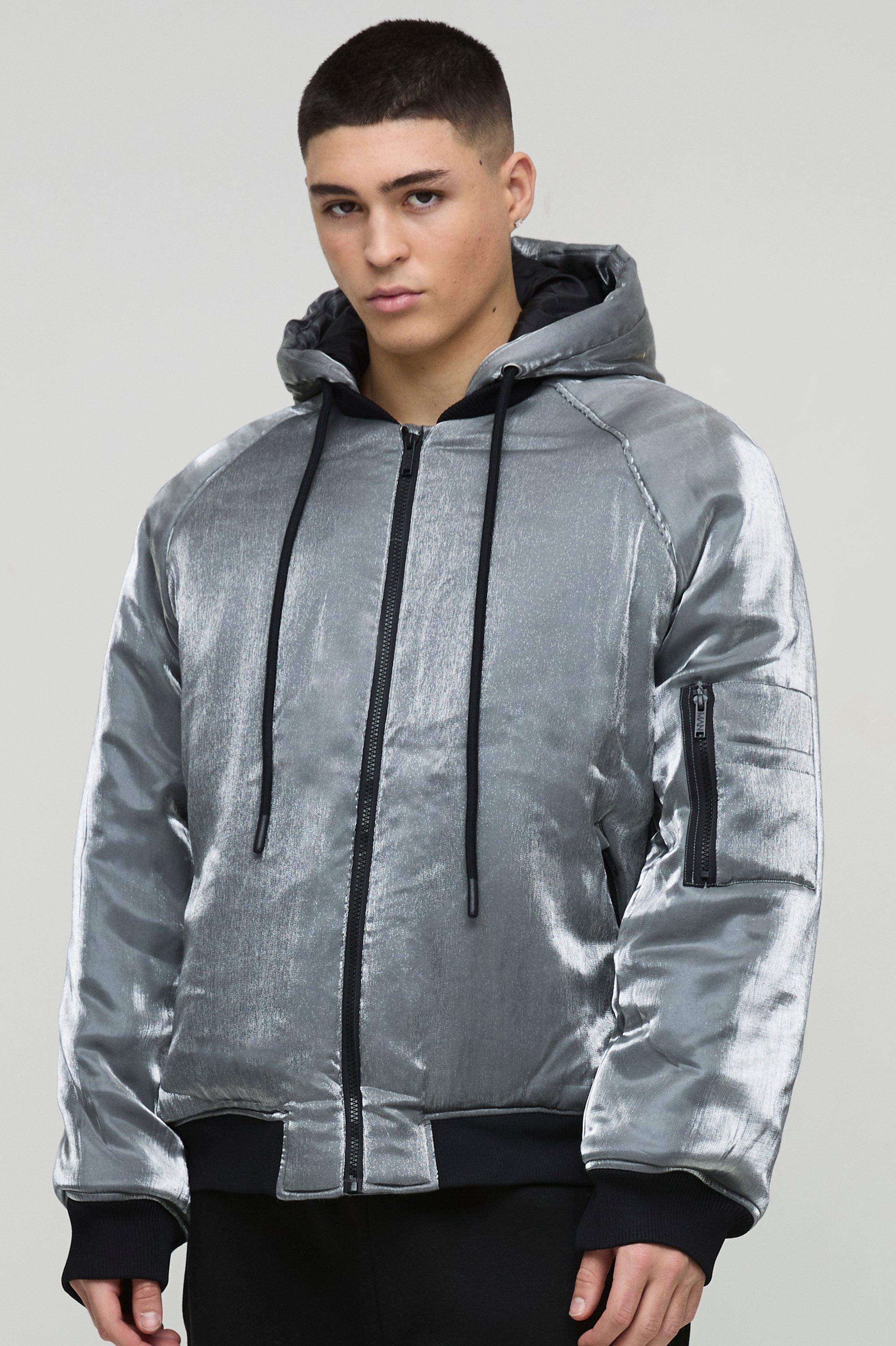 Oversized Liquid Metallic Hooded Bomber Jacket In Grey | boohooMAN USA Product Image