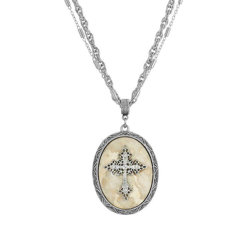 Symbols Of Faith Silver Tone Crystal Cross Cameo Double-Strand Pendant Necklace, Womens, Lt Beige Product Image