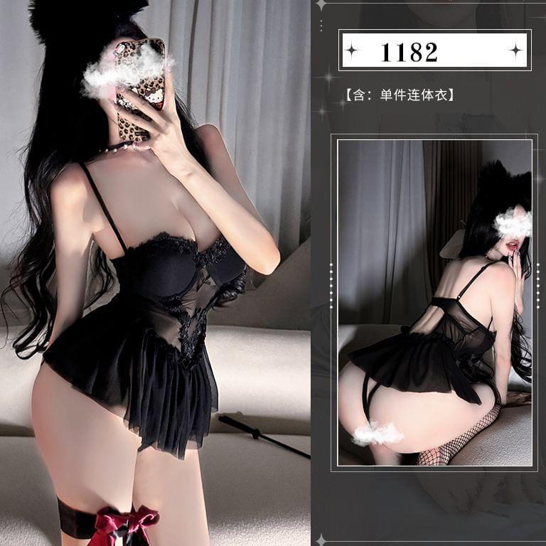 Bow Mesh Babydoll / Stockings / Set Product Image