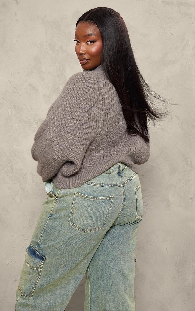 Plus Grey Soft Cable Knit Roll Neck Crop Sweater Product Image