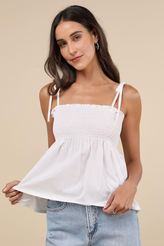 Zerah White Cotton Poplin Smocked Tie-Strap Peplum Top product image