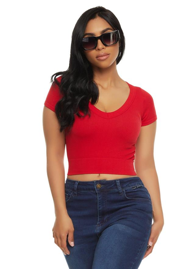 Womens Seamless Ribbed V Neck Cropped Tee Product Image