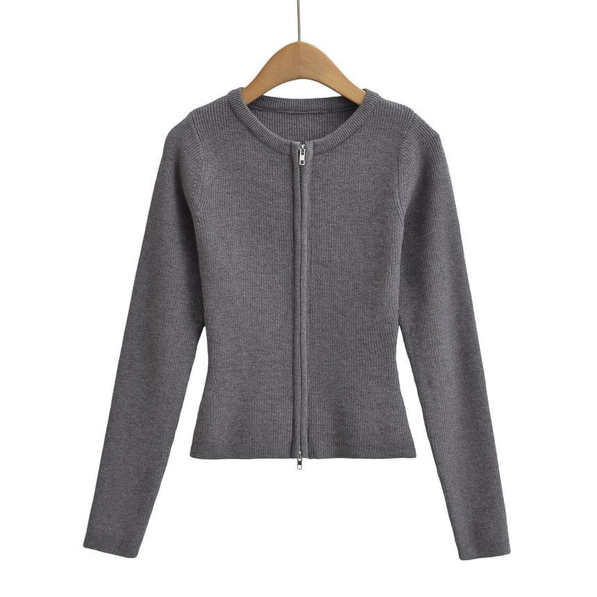 Long Sleeve Plain Slim-Fit Zip-Up Cardigan Product Image