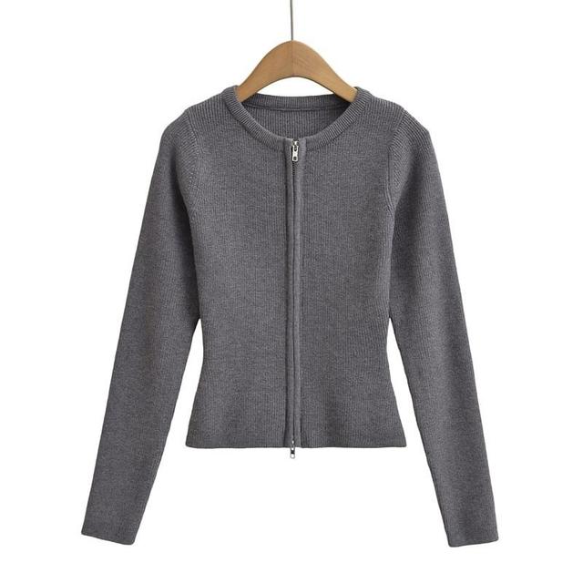 Round Neck Plain Zip Cardigan Product Image