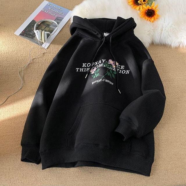 Lettering Embroidered Drawstring Fleece-Lined Hoodie Product Image