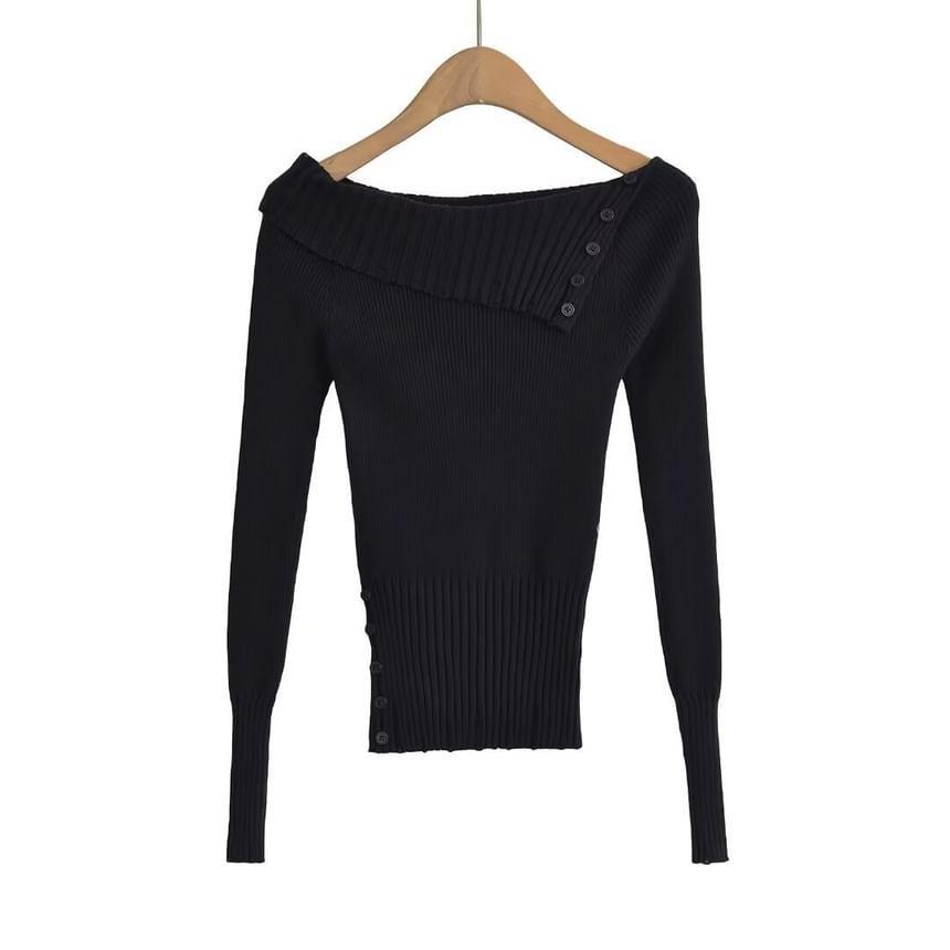 Off-Shoulder Long-Sleeve Plain Knit Top Product Image