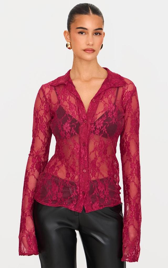 Burgundy Lace Collared Shirt Product Image