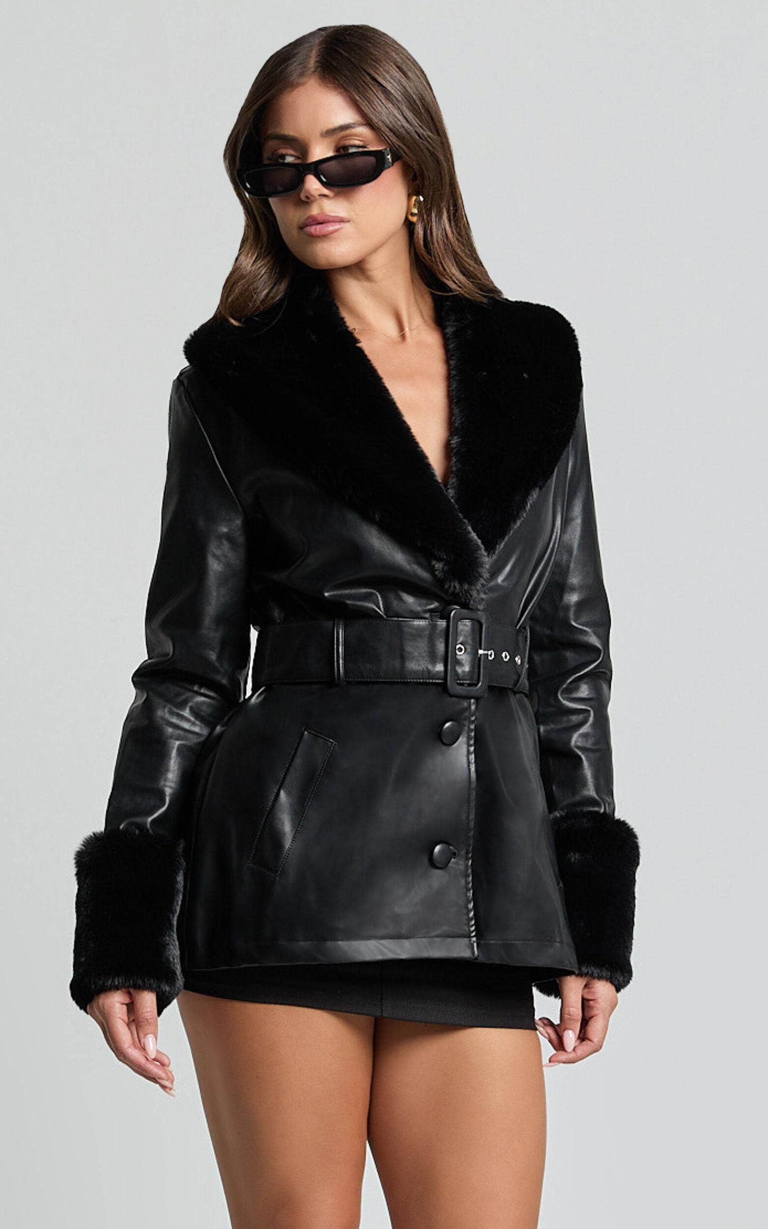 Lioness - Brooklyn Short PU With Fur Trim Coat in Onyx Product Image