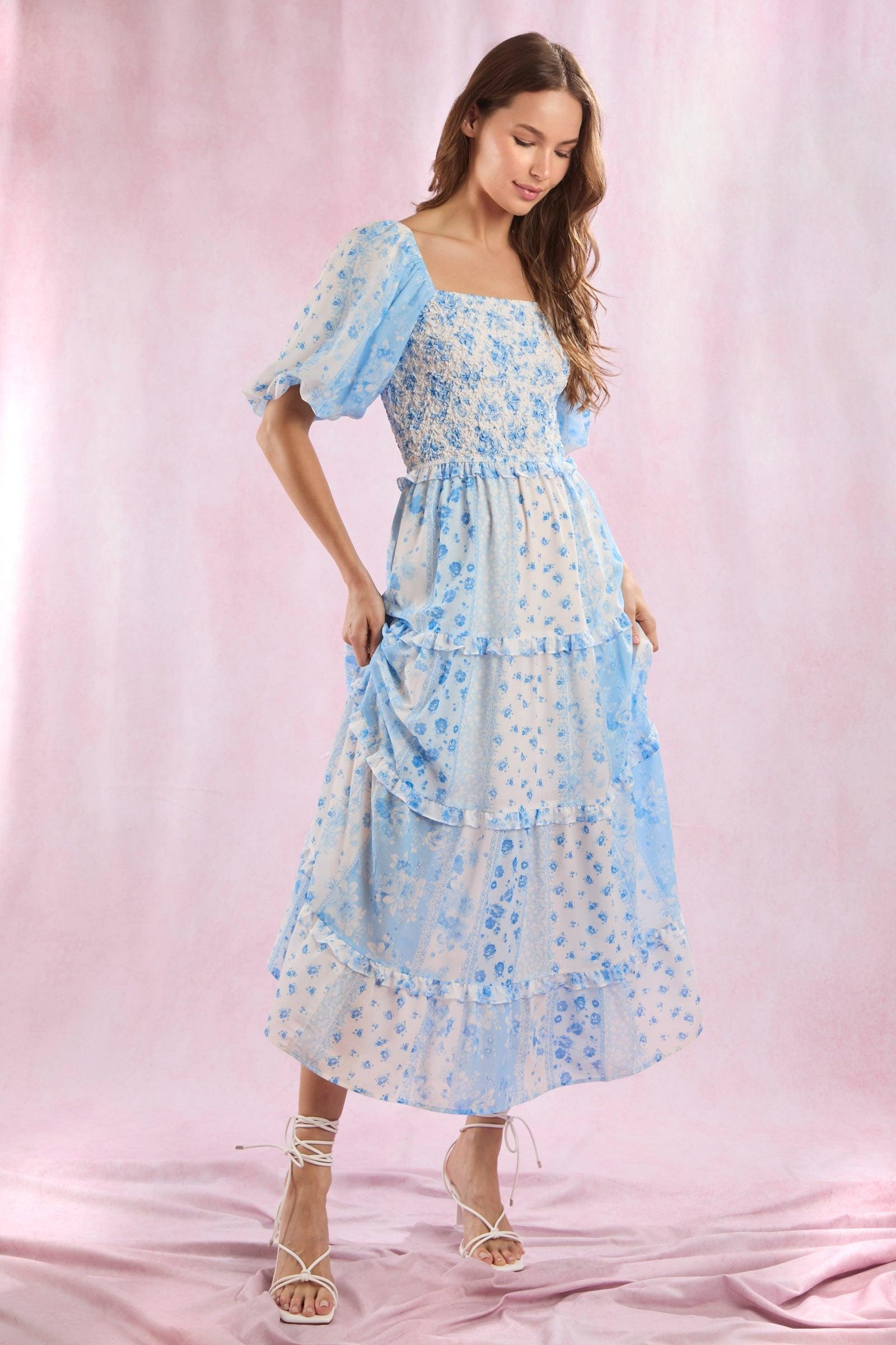 Patchwork Bubble Sleeve Maxi Dress Product Image