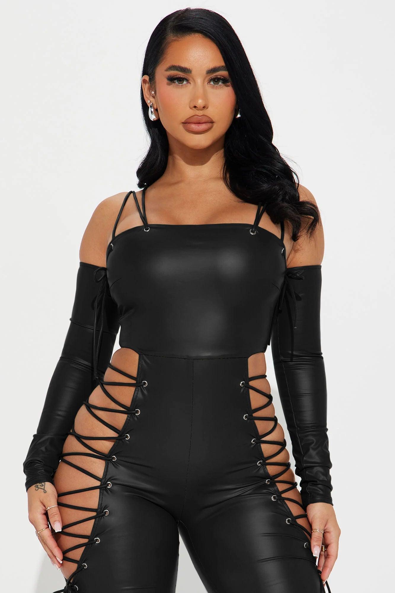 Double Life Faux Leather Jumpsuit - Black Product Image