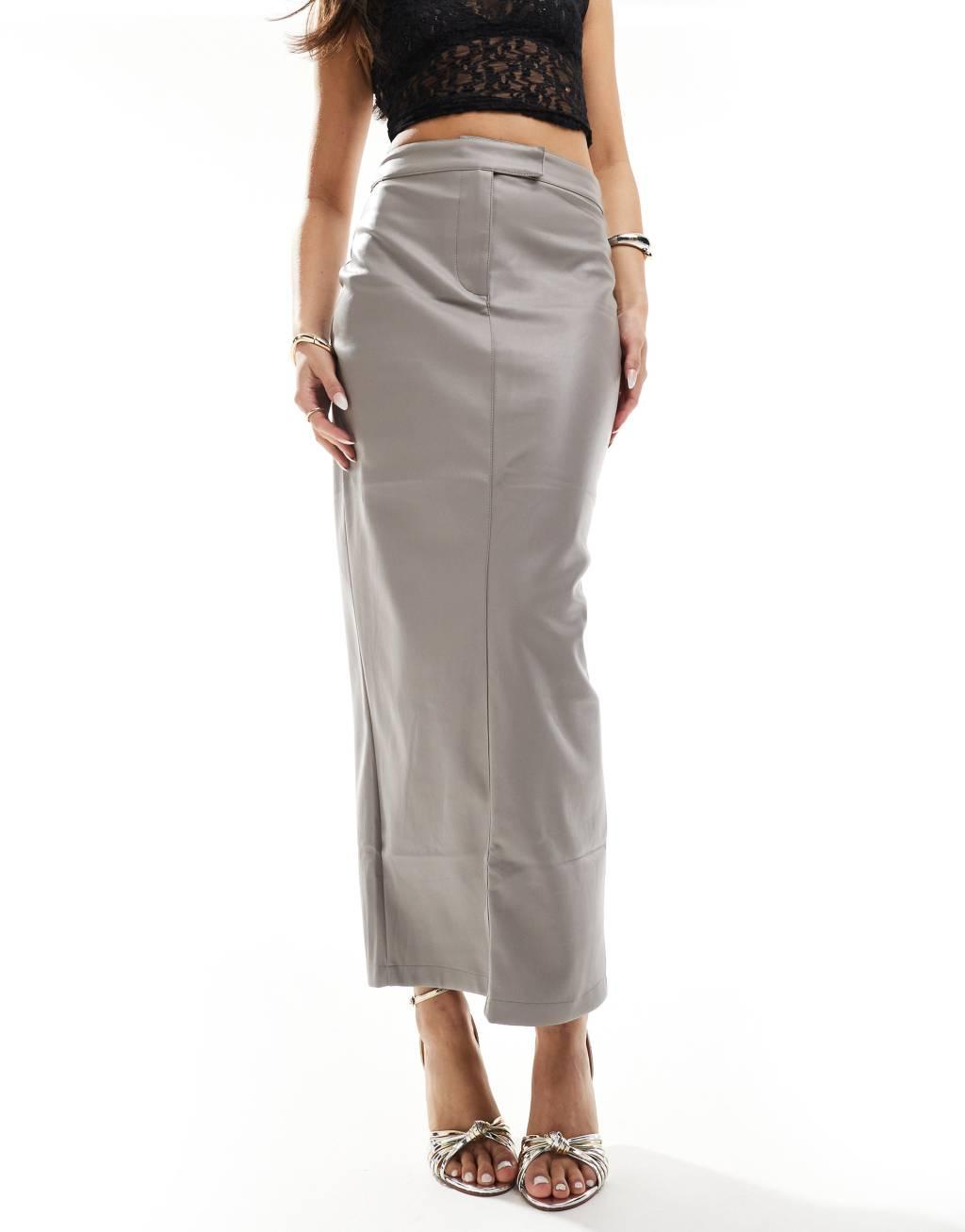 River Island tailored faux leather midaxi skirt in light gray product image