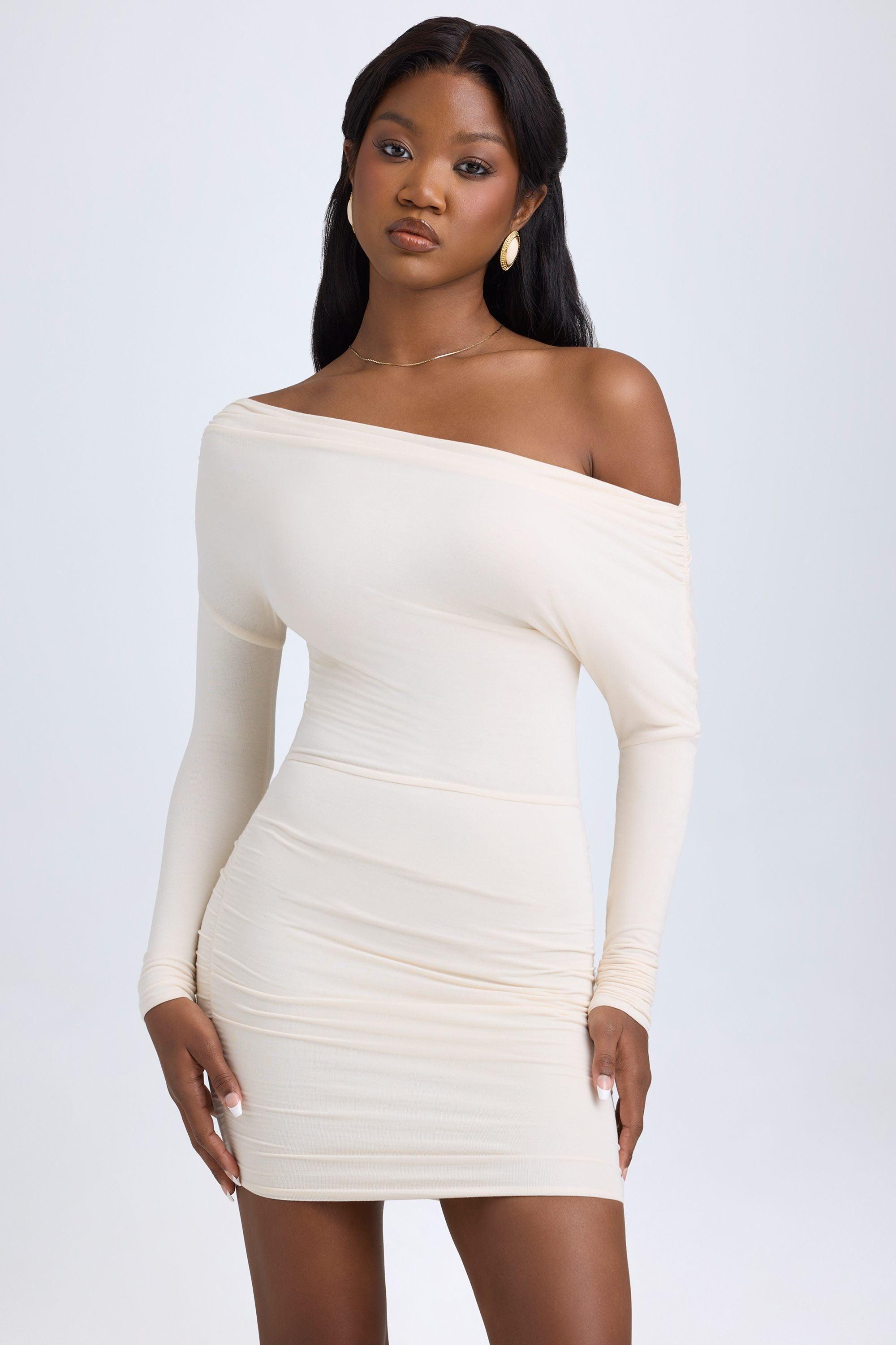 Modal Off-Shoulder Ruched Mini Dress in Ivory Product Image