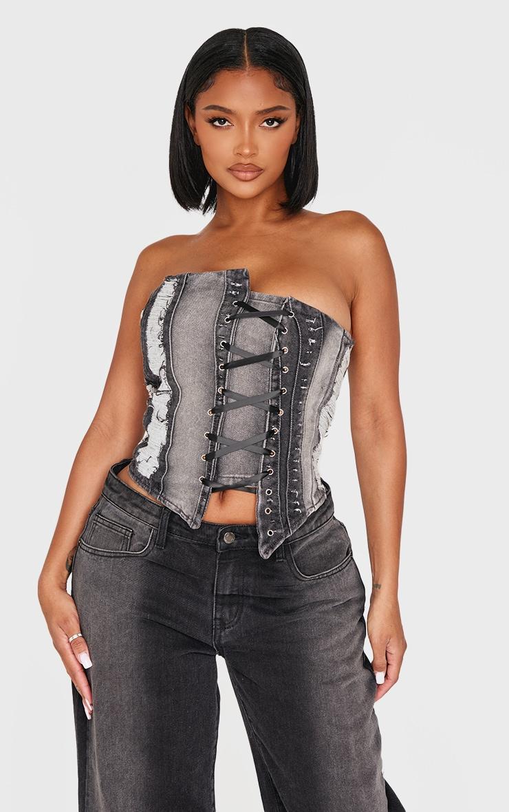 Shape Light Grey Denim Bandeau Distressed Lace Up Detail Corset Product Image