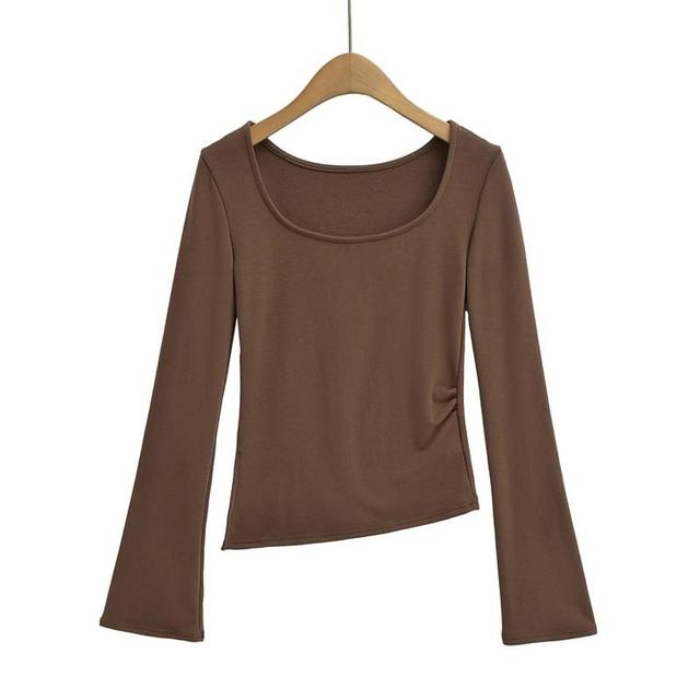 Long Sleeve Scoop Neck Plain Ruched T-Shirt Product Image