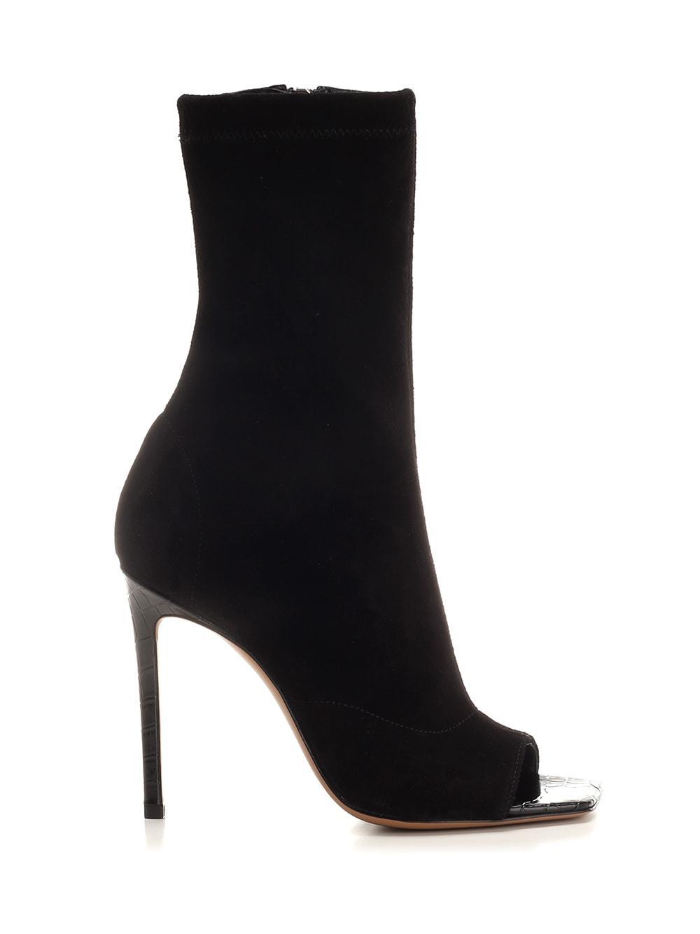 Amanda Stretch Suede Open-toe Booties In Off Black Product Image