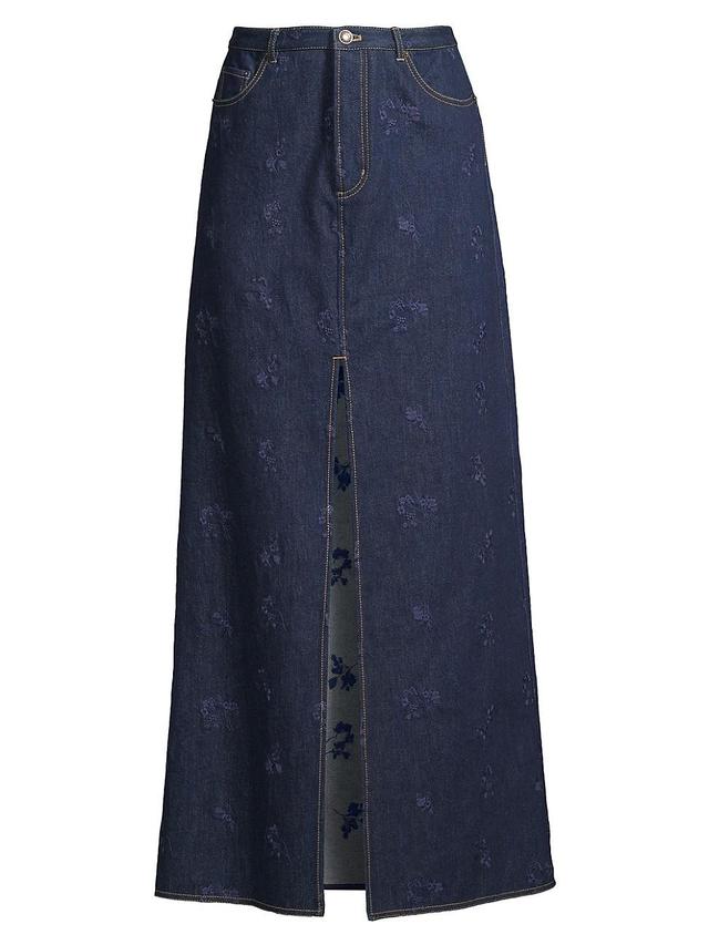 Womens Floral-Embroidered Stretch Denim Maxi Skirt Product Image