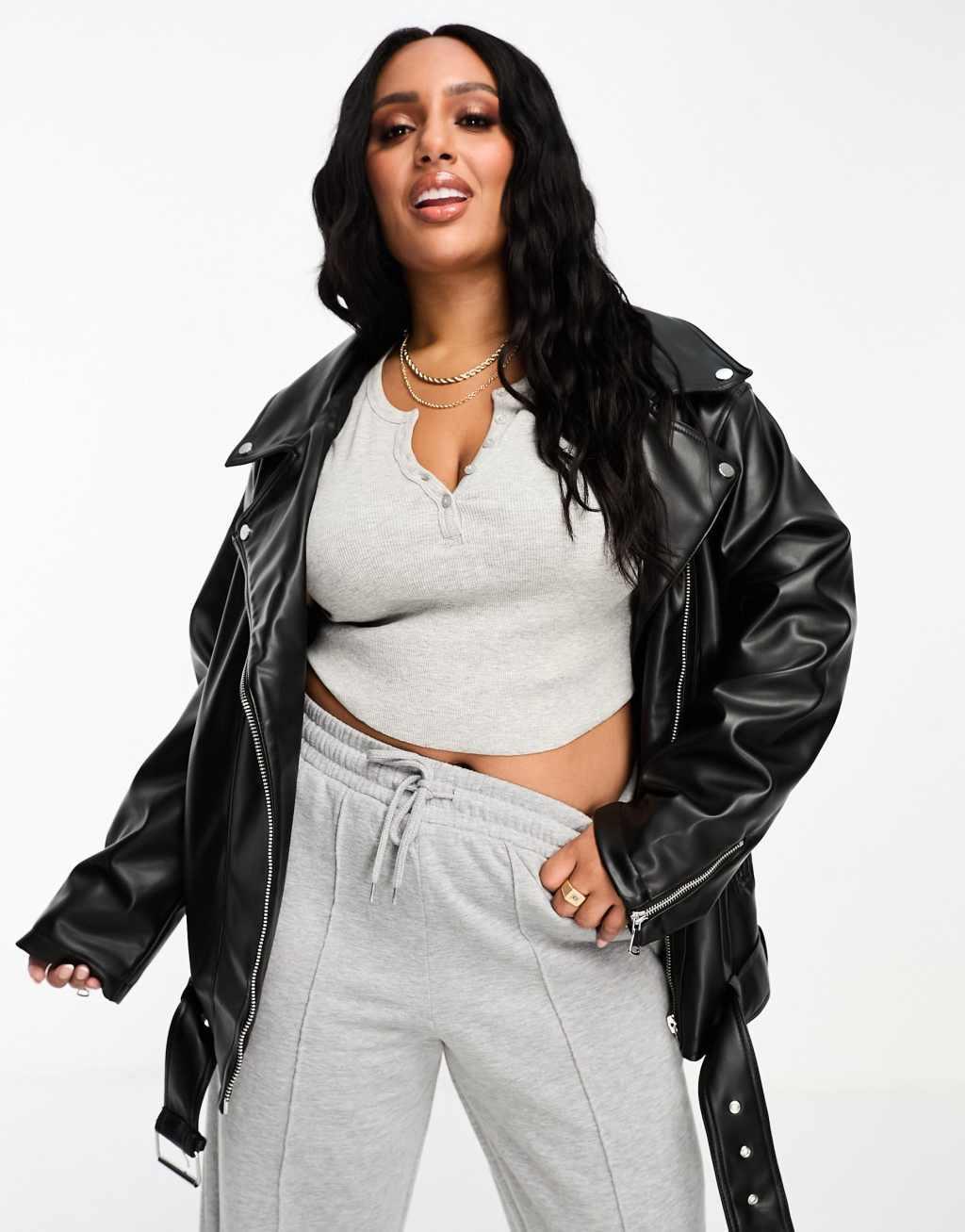 ASOS DESIGN Curve longline oversized faux leather biker jacket Product Image