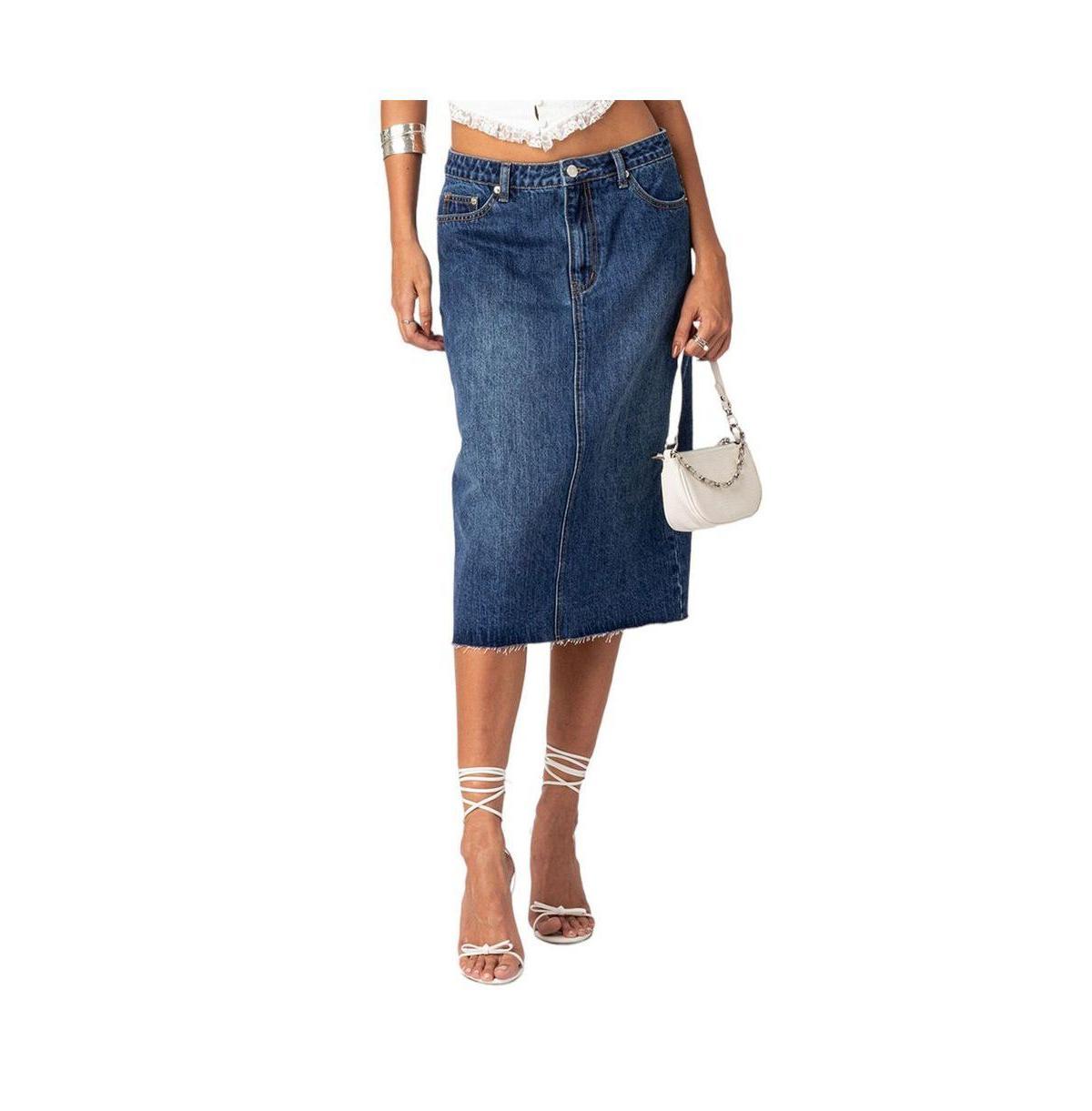 EDIKTED Mirah Raw Hem Denim Midi Skirt Product Image