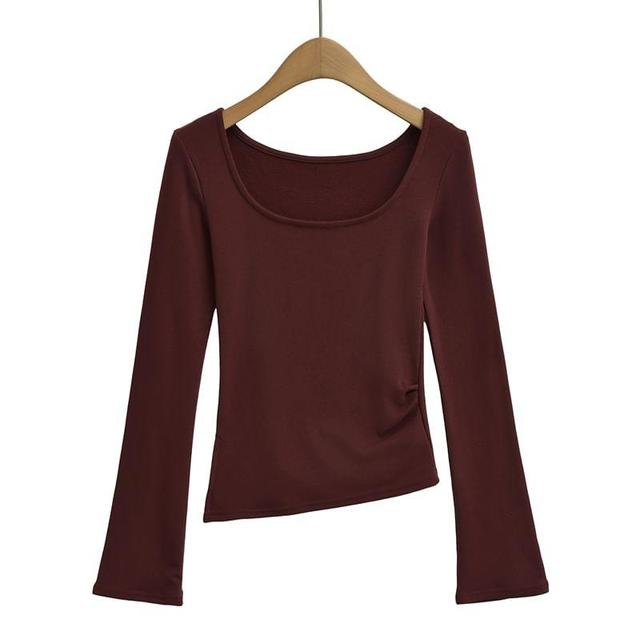 Long Sleeve Scoop Neck Plain Ruched T-Shirt Product Image