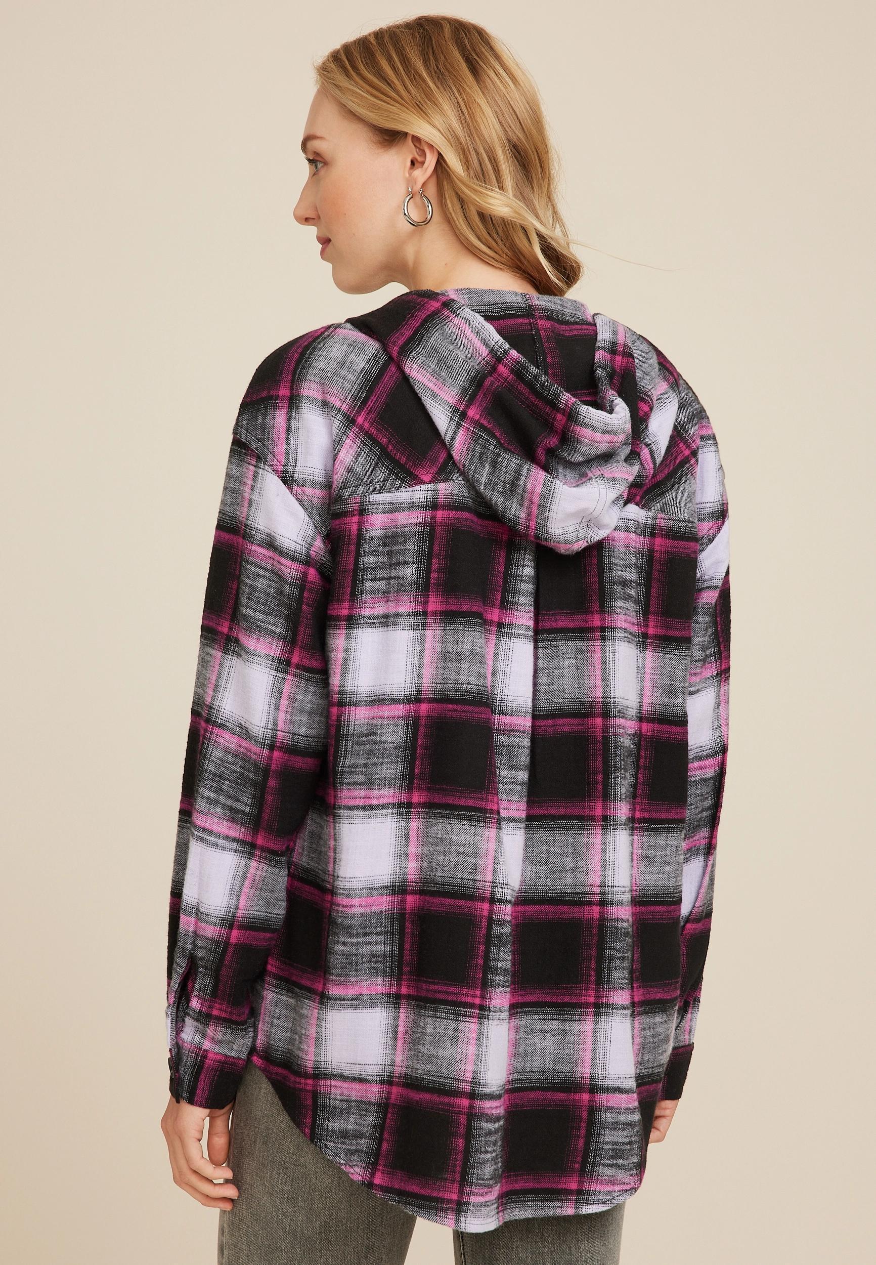 Cabin Plaid Boyfriend Hooded Button Down Shirt Product Image