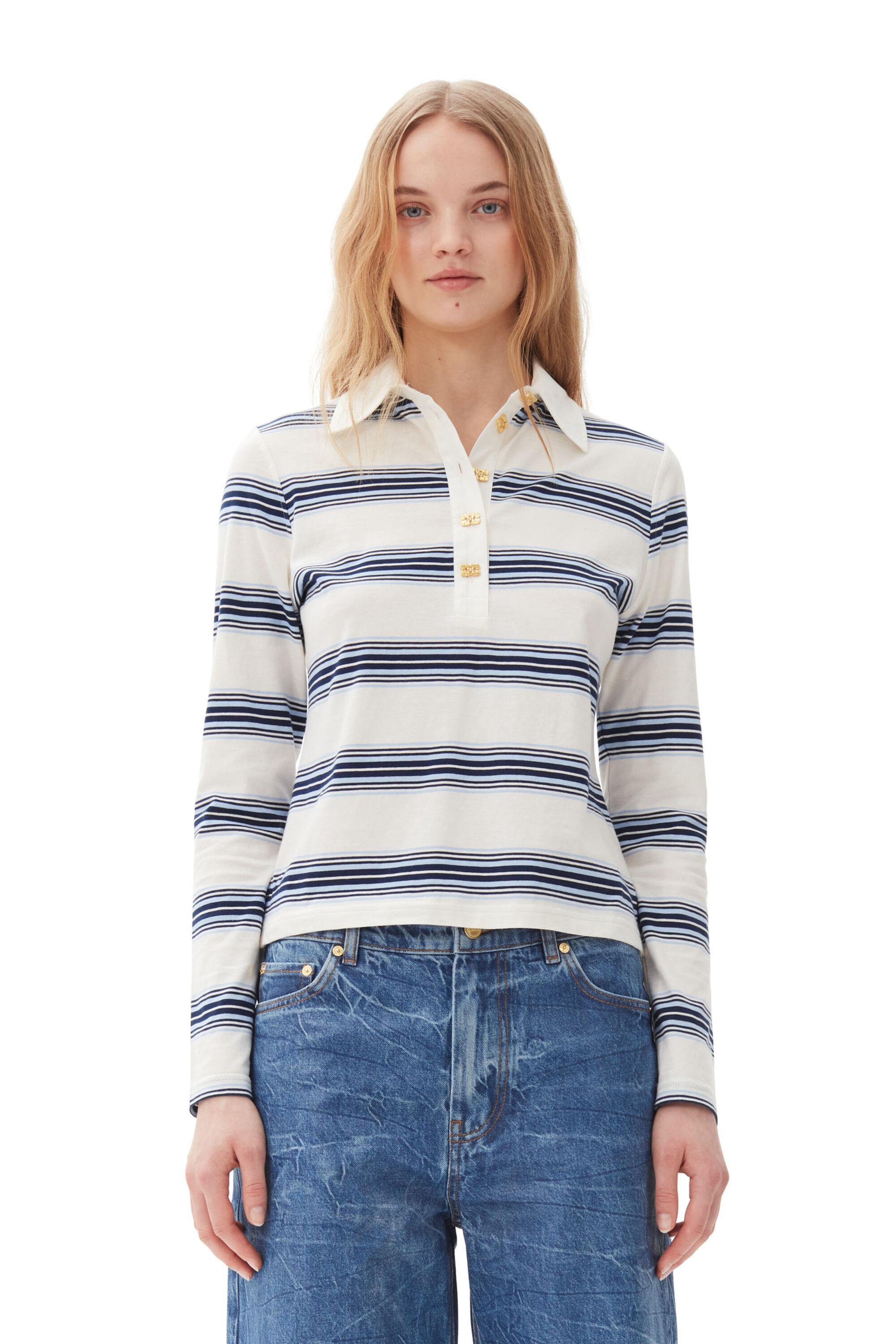 Blue Striped Long Sleeve Polo Shirt Product Image