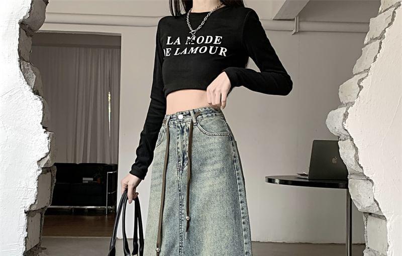 High Waist Washed Slit Midi A-Line Denim Skirt Product Image