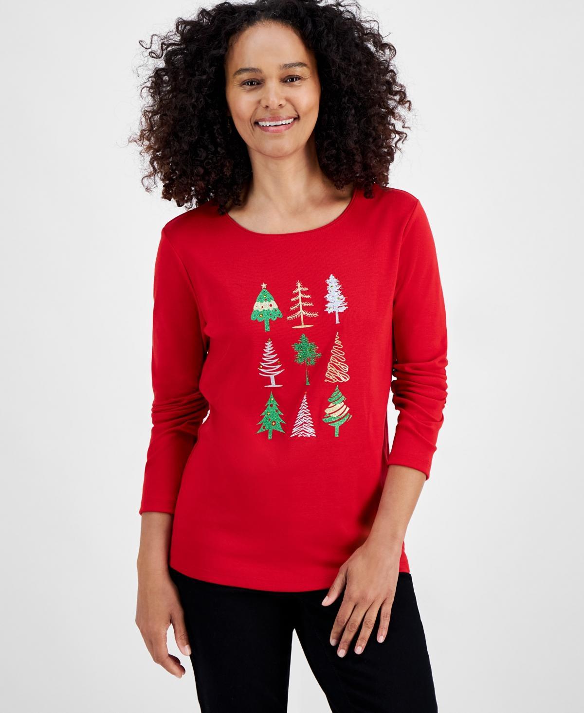 Holiday Lane Womens Festive Tree Long-Sleeve Top, Created for Macys Product Image