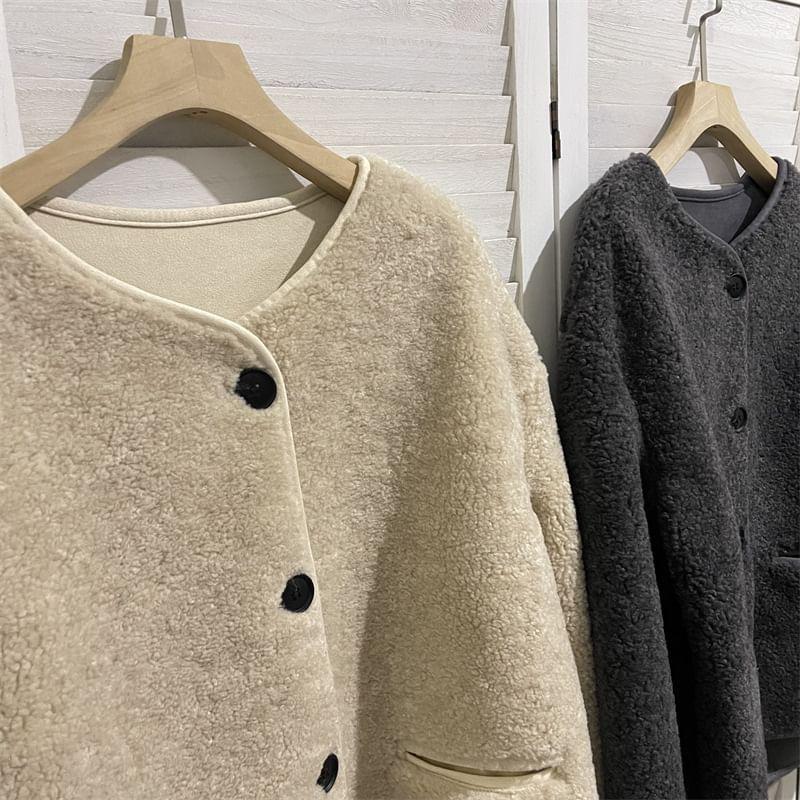 Round Neck Plain Fleece Button Jacket Product Image