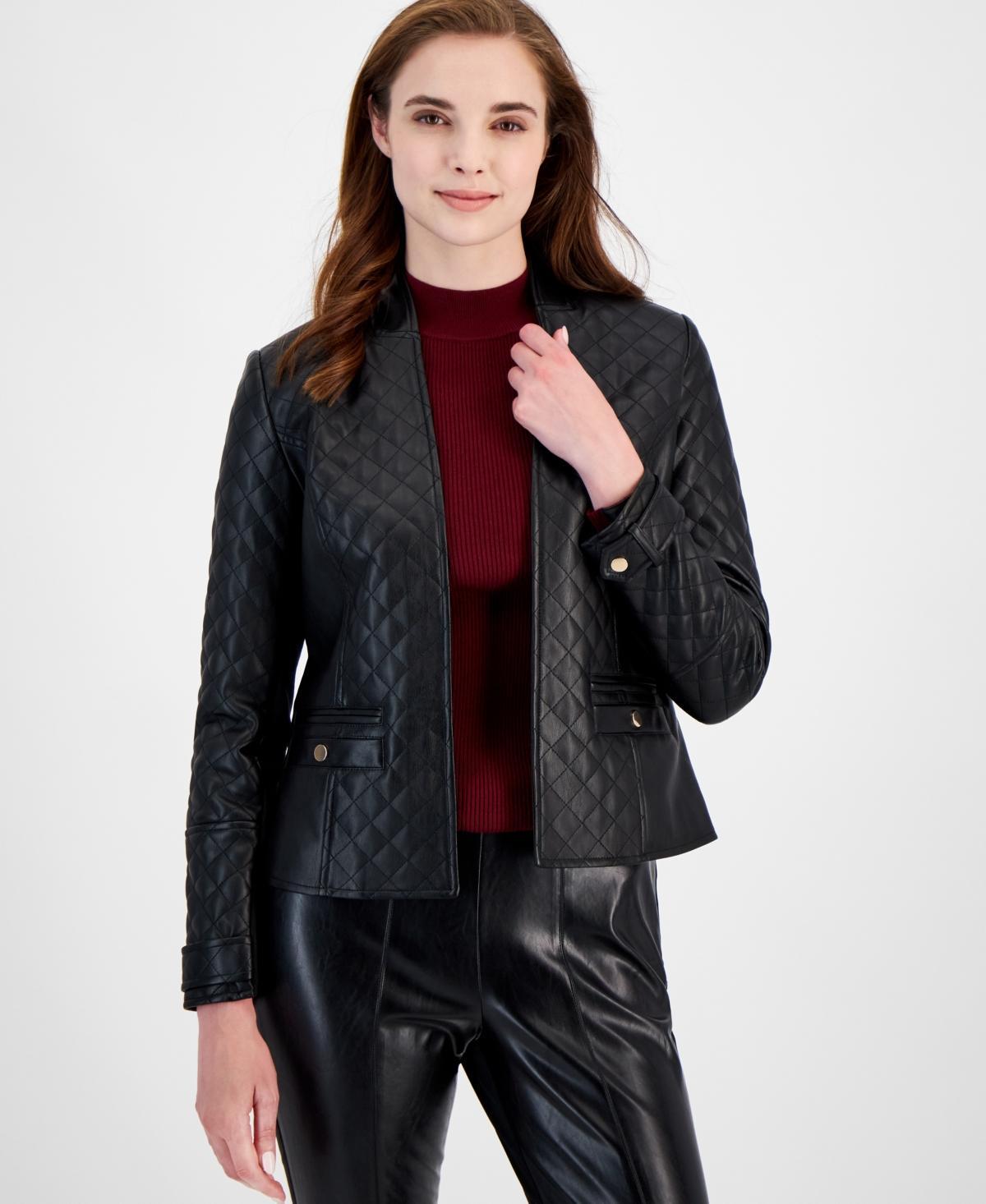 T Tahari Womens Quilted Faux-Leather Long-Sleeve Jacket Product Image